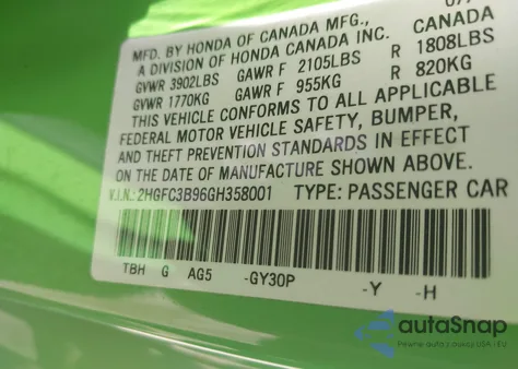 2016 Honda Civic Touring z USA, uszkodzony, nr VIN 2HGFC3B96GH358001